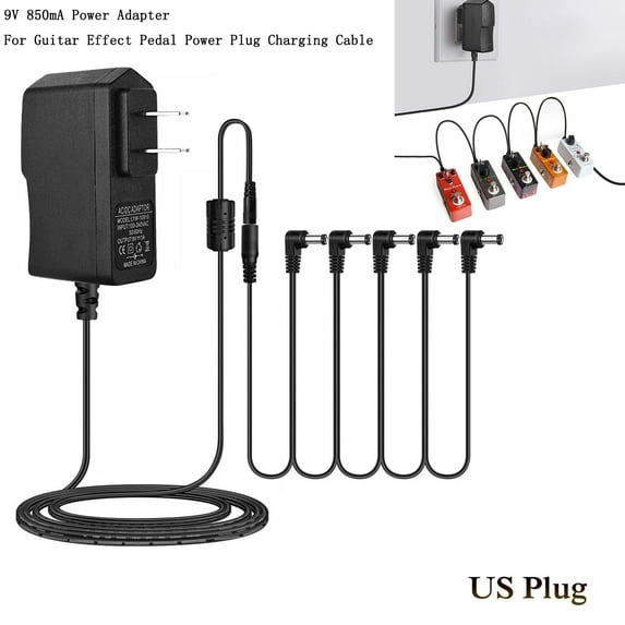 9V 850mA Power Adapter with 5 Way Chain, Guitar Effect Pedal Power Supply, Compatible with Wah Pedals/Musical Devices, 6.6Ft Cord, Noise Isolation, Tip Negative Connector