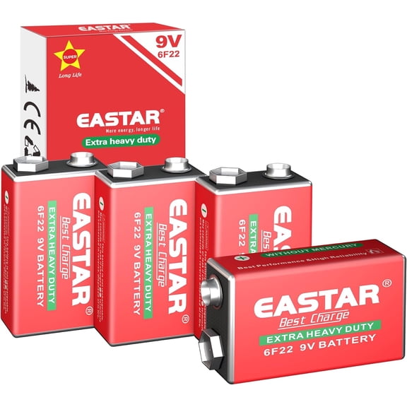 9V Carbon Zinc Batteries 4 Pack 6F22 9 Volt Battery for Smoke Detectors, Long-Lasting Power, Extra Heavy Duty Household Devices
