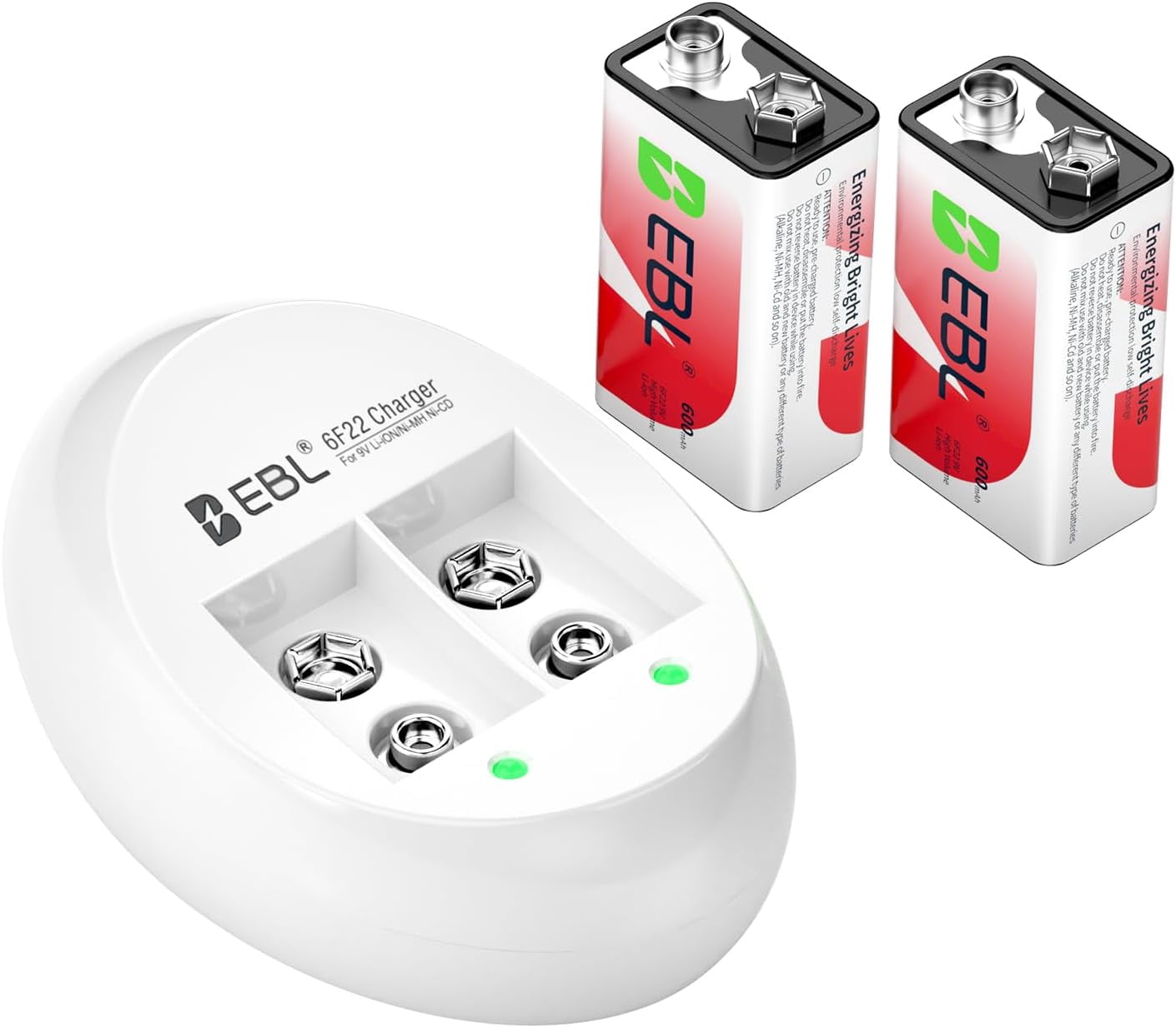 9V Li-ion Rechargeable Batteries with Battery Charger, 600mAh 9 Volt Cell 2 Pack