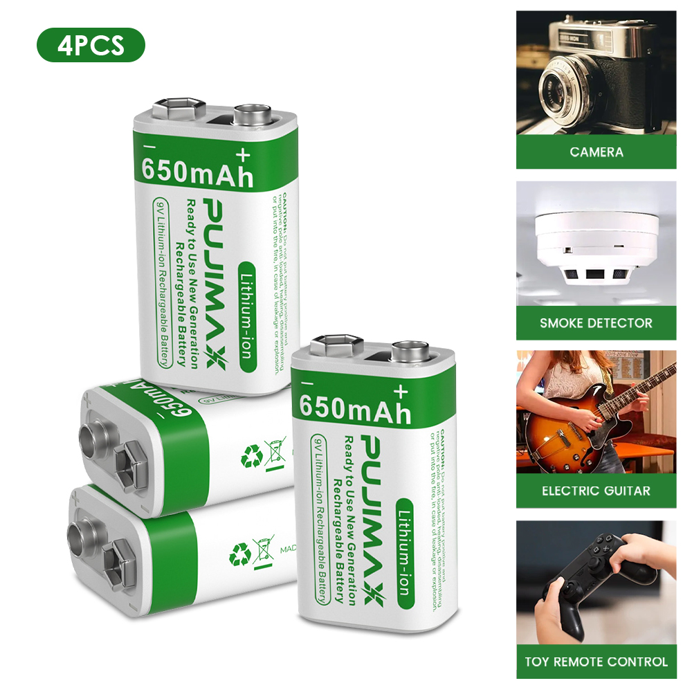 9V Rechargeable Batteries, 650mAh High Capacity 1200mAh Square Lithium 9 volt Batteries 4 Pack