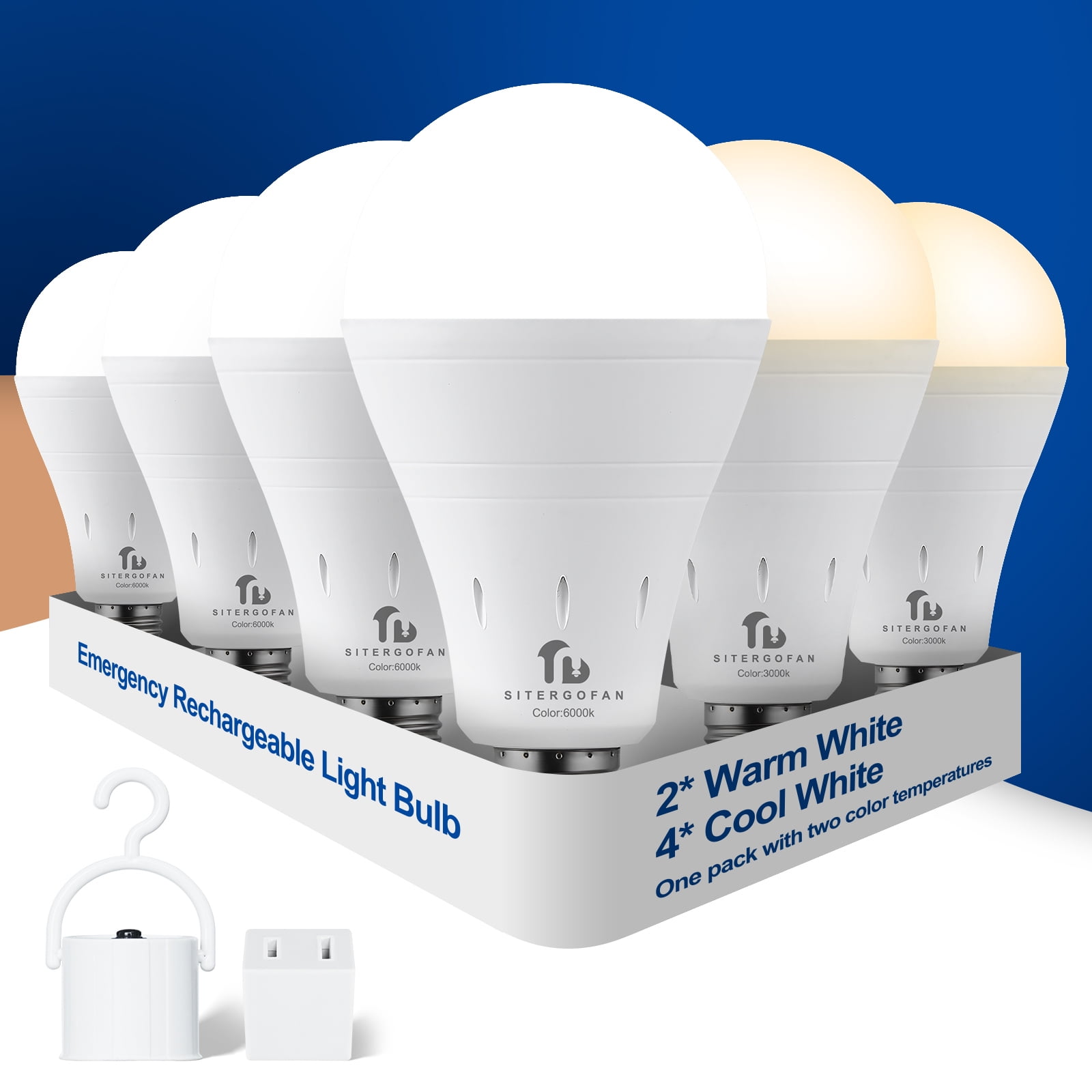 6PK 9W Rechargeable Light Bulbs,E26 Emergency Light Bulb with Hook for Daily,Home Emergency,Outdoor Portable Use