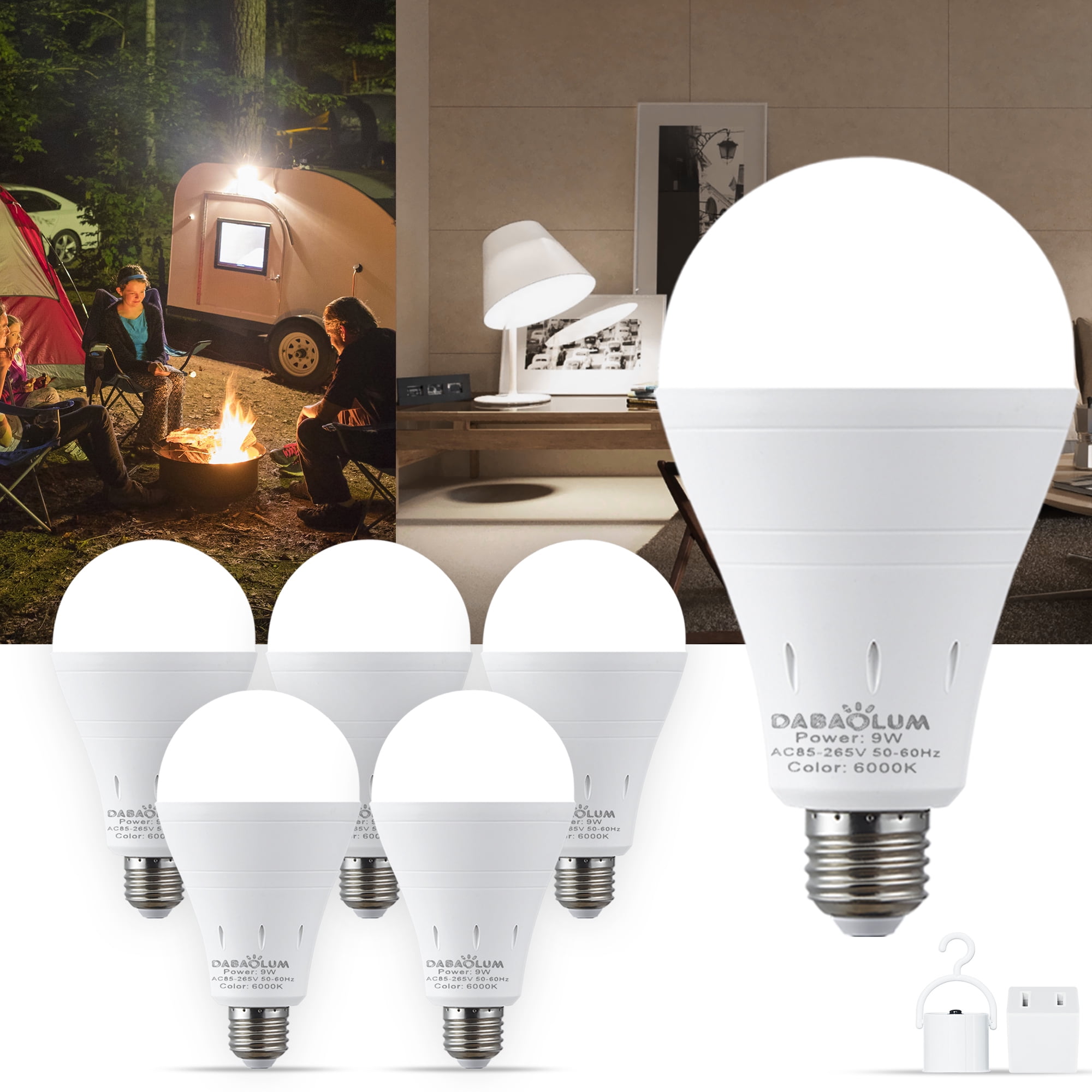 6-Pack Rechargeable LED Light Bulbs, 9W,60W Equivalent, Daylight 6000K