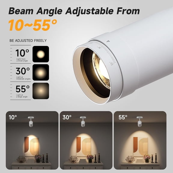 9W LED Zoomable Ceiling Spotlight, Dimmable Directional Wall Surface Fixture, Adjustable Beam Angle 10°–55°, Wired Home Indoor Accent Lighting for Corridor, Picture, Modern Interiors, White