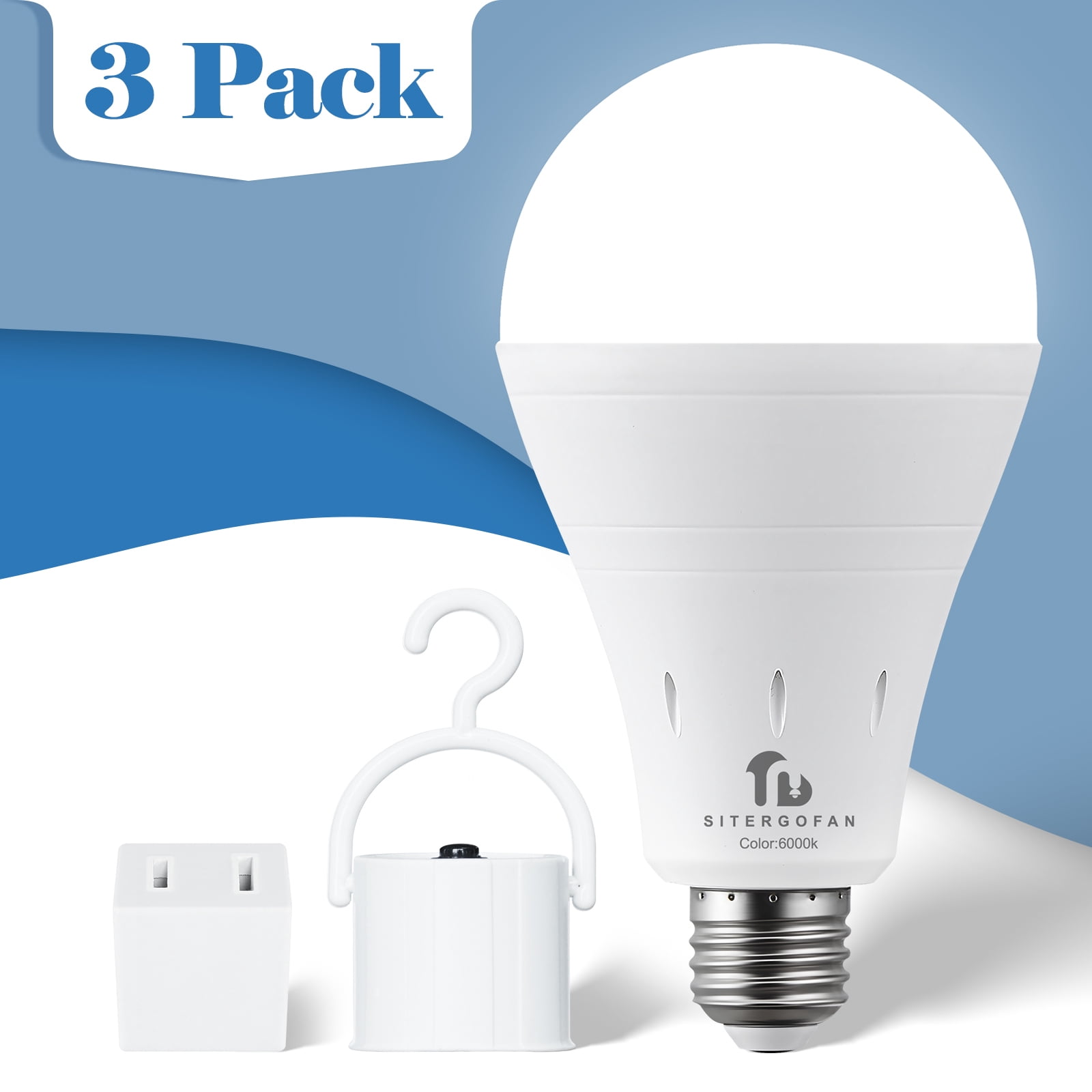 3 Pack Rechargeable Emergency Light Bulb, A19 9W Cold White 6000K Self-Charging LED Light Bulb, Up to 24 Hours Battery Backup Light Bulbs for Daily Home Emergency
