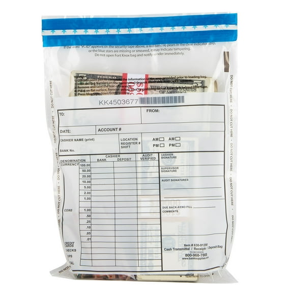 9Wx12H Ultima Blue Preforated Cash Transmittal Bags - 100/Box
