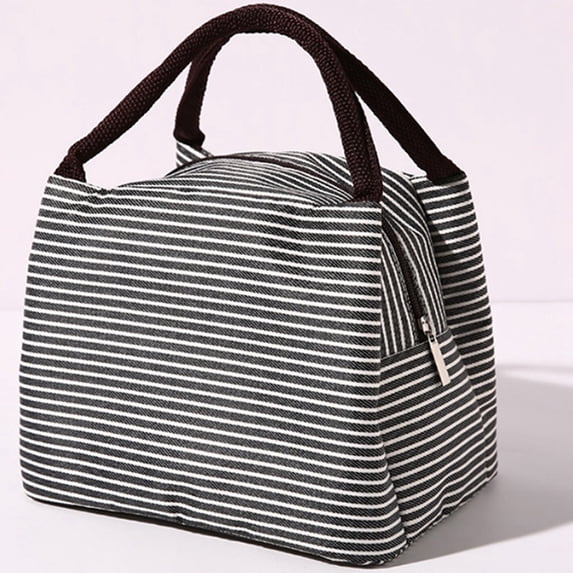 9X6 In Insulated Lunch Bag Striped Nylon Lunch Box with 47 In Shoulder Strap In Black for Women and Men Picnic Office