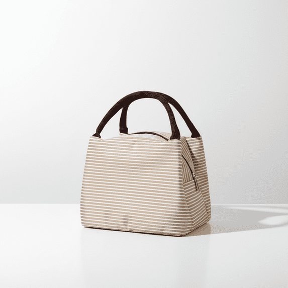 9X6 In Insulated Lunch Bag Striped Nylon Lunch Box with 47 In Shoulder Strap In Khaki for Women and Men Picnic Office