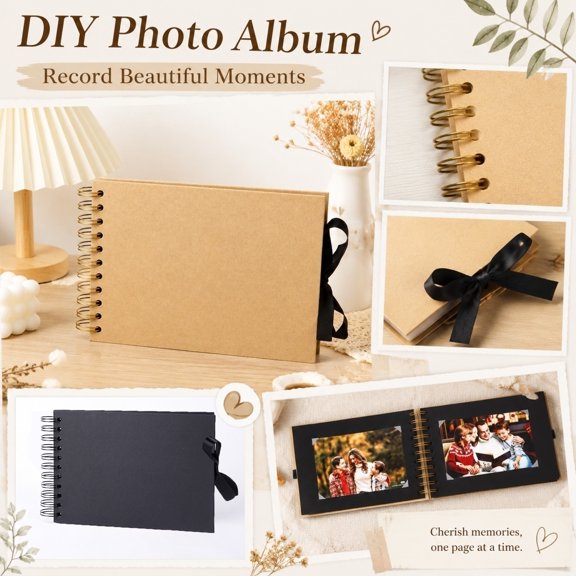 9X6 Inch Blank Scrapbook, Black Scrapbook, Spiral Bound Journal, Blank Journal Notebook, Yellow Kraft Cover 40 Black Paper Inner Pages, Bow Ribbon Closure for Diy Memory Photo