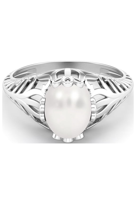 9X7MM Oval Shape Pearl Gemstone 925 Sterling Silver Victorian Vintage Style Solitaire Art Deco Valentines Day Gifts Ring