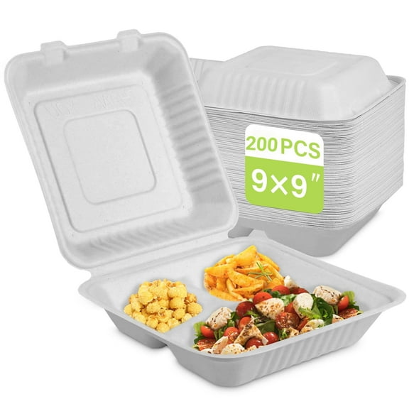 9X9 Clamshell Food Containers, 50 Pack Disposable Take Out Food Container With 3 Compartments, Compostable To Go Boxes, Eco Friendly To Go Containers With White Bagasse