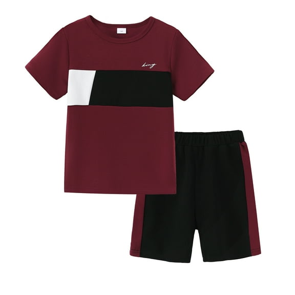 9Y Big Boys Clothes 10Y Boys 2PCS Summer Outfits Set Crew Neck Big Boys Short Sleeve Color-blocked Top Shorts Set Red