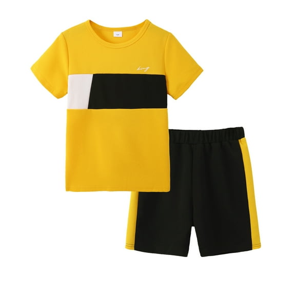9Y Big Boys Clothes 10Y Boys 2PCS Summer Outfits Set Crew Neck Big Boys Short Sleeve Color-blocked Top Shorts Set Yellow