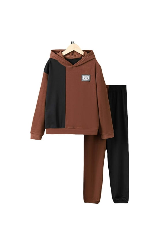 9Y Big Boys Clothes Big Boys Outfits 9-10 Years Big Boys Long Sleeve Hooded Patchwork Top Pants 2PCS Boys Clothing Set Black