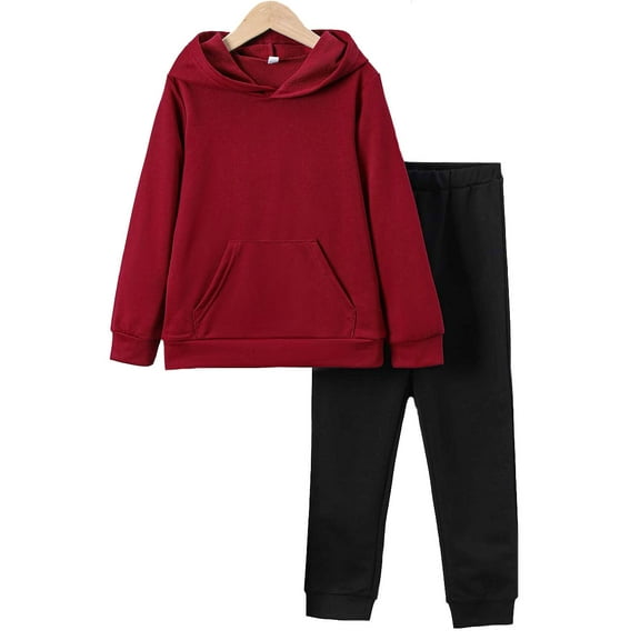 9Y Big Boys Clothes Big Boys Outfits 9 Years Boys Long Sleeve Hooded Solid Color Top Pants 2PCS Boys Fall Winter Clothing Set Red