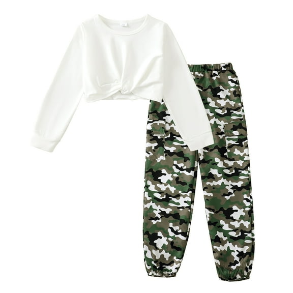 9Y Big Girls Clothes 10Y Girls 2PCS Outfits Set Big Girls Long Sleeve Solid Color Top Camo Pants Set White