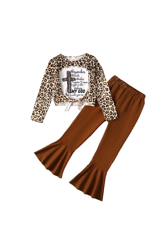9Y Big Girls Clothes 9Y Girls 2PCS Outfits Set Letter Print Big Girls Long Sleeve Leopard Top Pants Set Brown