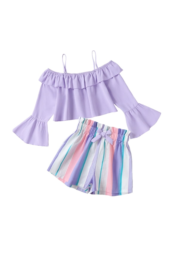 9Y Big Girls Clothes Big Girls Outfits 9-10 Years Girls Long Sleeve Off-the-shoulder Suspender Top Stripe Shorts 2PCS Clothing Set Purple
