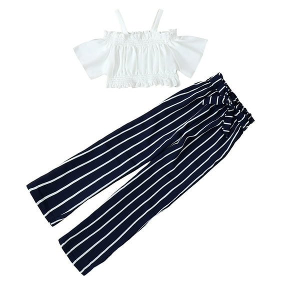 9Y Big Girls Clothes Big Girls Outfits 9Y Girls Short Sleeve Suspender Top Stripe Pants 2PCS Girls Clothing Set White