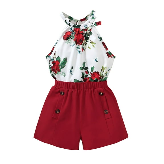 9Y Big Girls Clothes Big Girls Outfits 9Y Girls Sleeveless Floral Top Shorts 2PCS Girls Summer Clothing Set Red