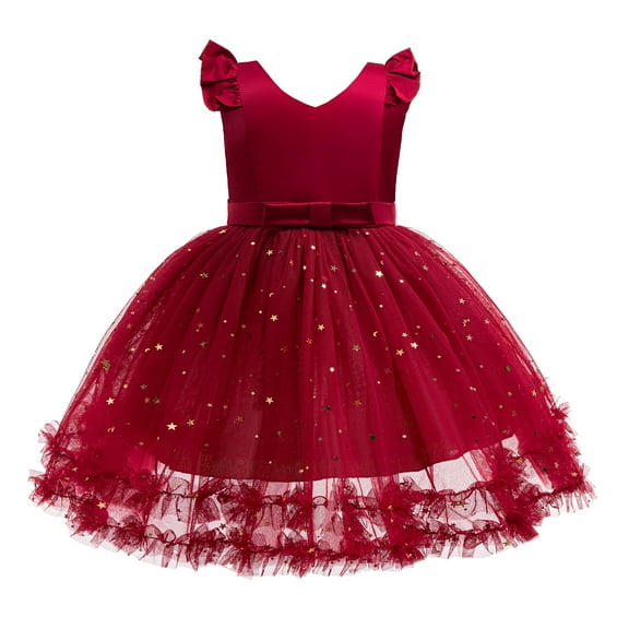 9Y Big Girls Dress Big Girls Princess Dress Tulle Party Dress 10Y Girls Sleeveless Stars Sequins Solid Color Dress Red