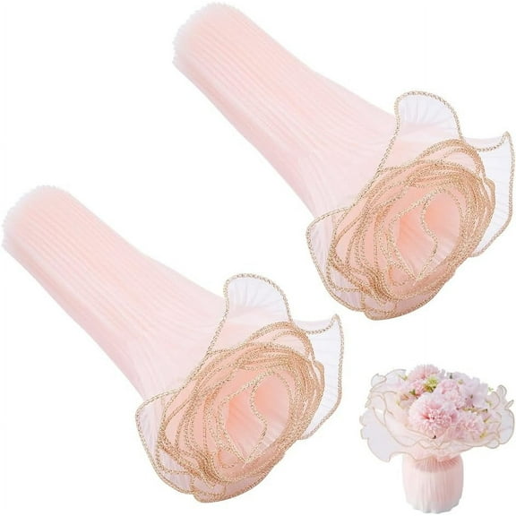 9Yds Pink Organza Gold Edge Floral Wrapping Mesh Paper Ruffle Wrinkled Translucent Wrappers Wavy Net Yarn Fresh Flower Bouquet Packing Supplies