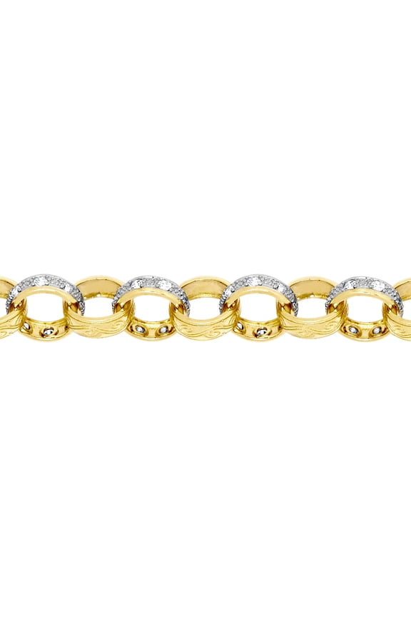 9ct 2-Colour Gold Jewelco London CZ Engraved Belcher 11mm Chain Bracelet 8.5inch