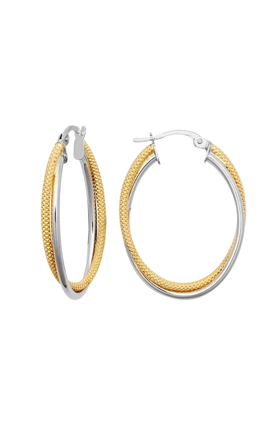 9ct 2-Colour Gold Jewelco London Oval Snake Mesh 3mm Hoop Earrings, 32x24mm