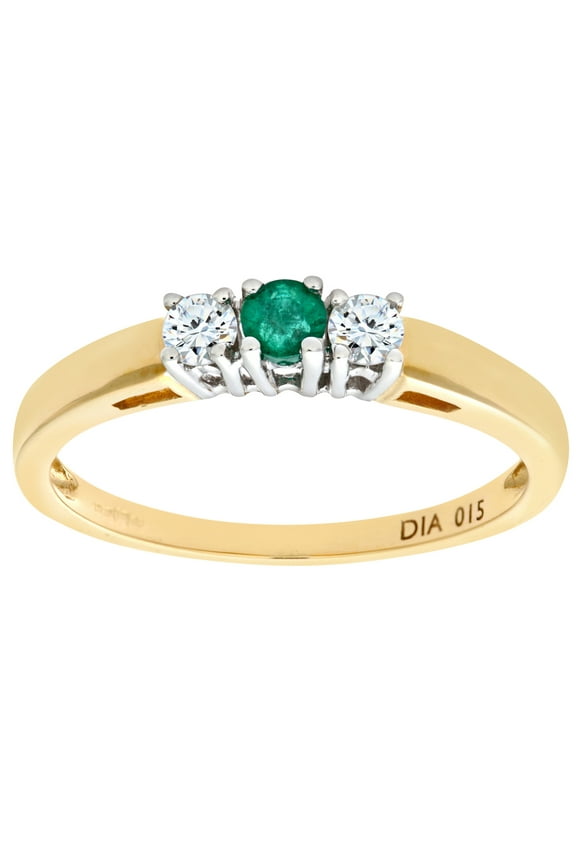 9ct Gold Jewelco London 15pts Diamond 13pts Emerald 4 Claw Trilogy Ring