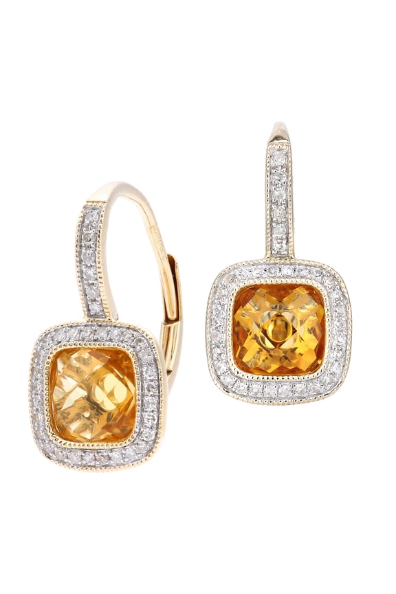 9ct Gold Jewelco London 20pts Diamond Cushion 2.35ct Citrine Drop Earrings