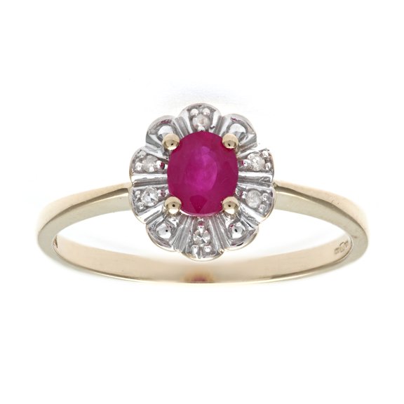 9ct Gold Jewelco London 3pts Diamond Oval 0.44ct Ruby Flower Petal Cluster Ring