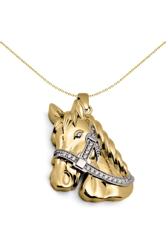 9ct Gold Jewelco London CZ Horse Charm Pendant - 20inch Gold-plated Silver Chain