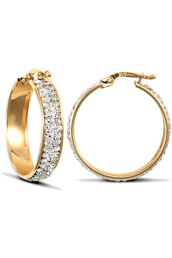 9ct Gold Jewelco London Crystal 3 Row Eternity 5mm Hoop Earrings 23mm