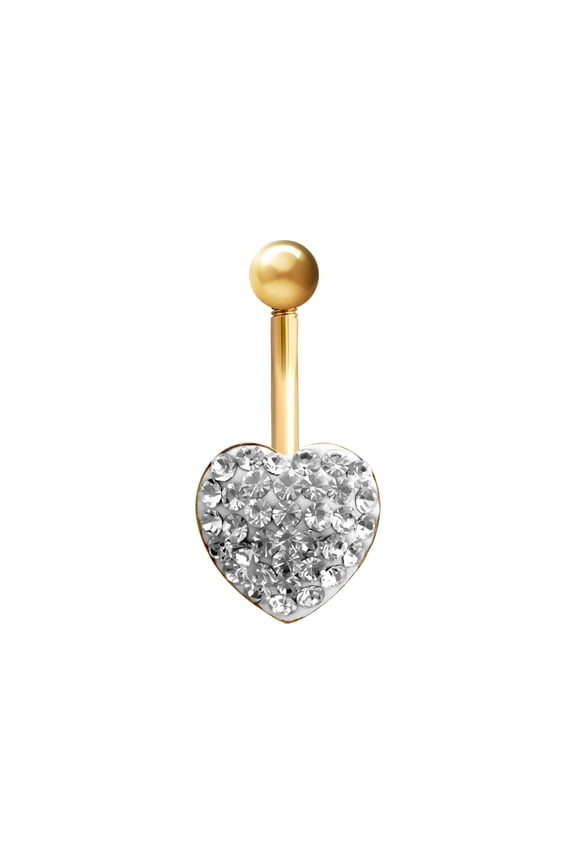 9ct Gold Jewelco London Crystal Love Heart Banana Belly Bar, 10mm