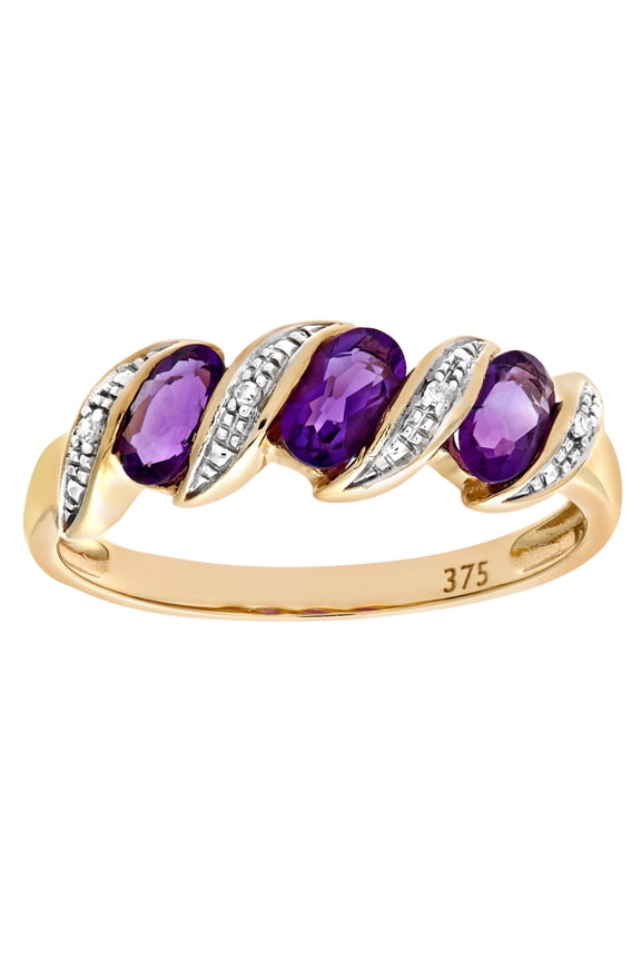 9ct Gold Jewelco London Diamond Oval Amethyst Wavy Ribbon Pod Trilogy Ring 2mm