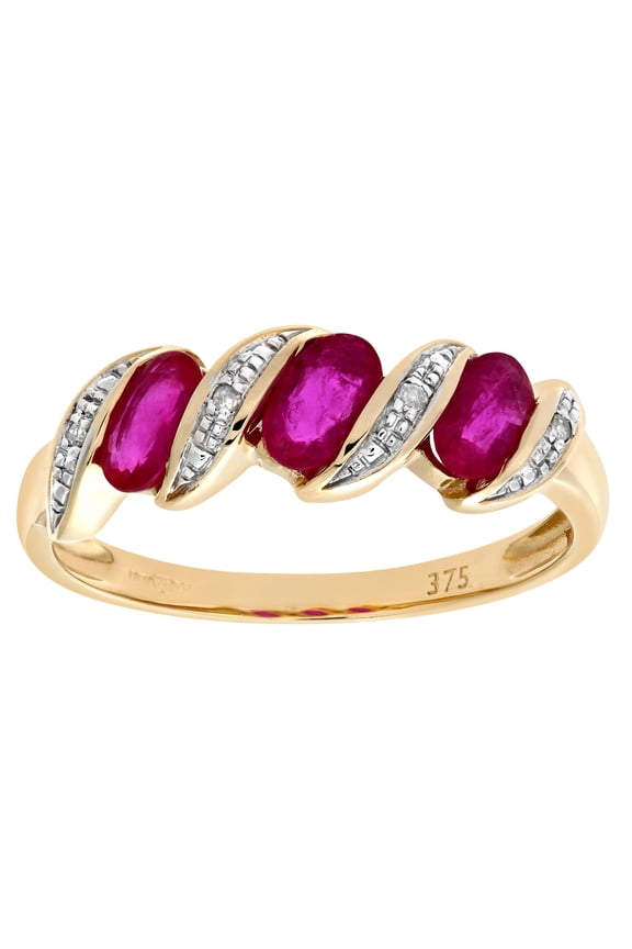 9ct Gold Jewelco London Diamond Oval Ruby Wavy Ribbon Pod Trilogy Ring 2mm
