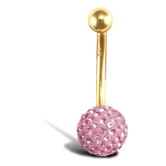 9ct Gold Jewelco London Pink Crystal 8mm Disco Ball Banana Belly Bar, 12mm
