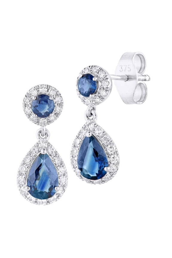 9ct White Gold Jewelco London 1/4ct Diamond Pear Sapphire Teardrop Drop Earrings