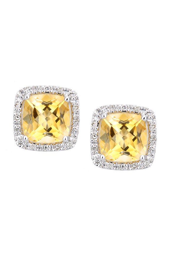 9ct White Gold Jewelco London 10pts Diamond Cushion 2.8ct Citrine Stud Earrings