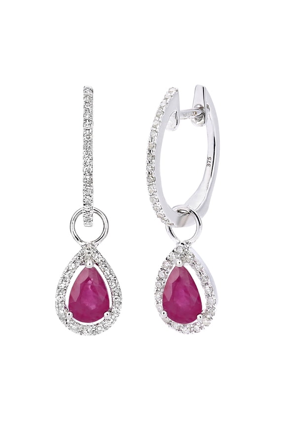 9ct White Gold Jewelco London 20pts Diamond Pear 1ct Ruby Teardrop Drop Earrings