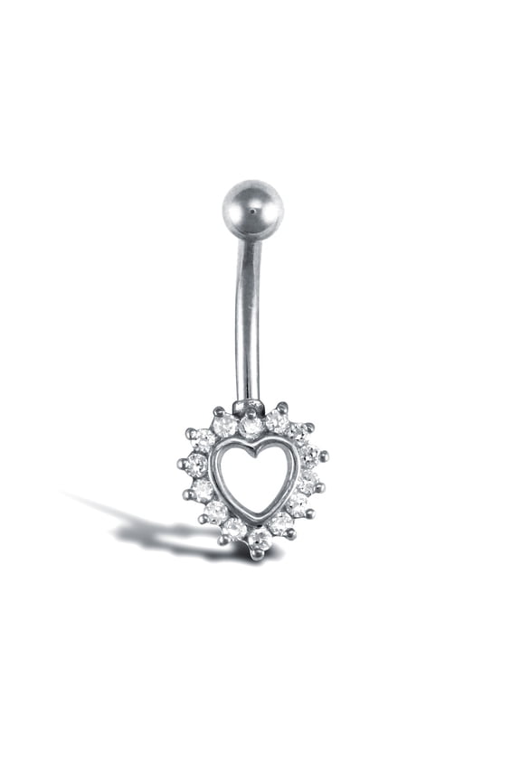 9ct White Gold Jewelco London CZ Love Banana Belly Bar, 10mm
