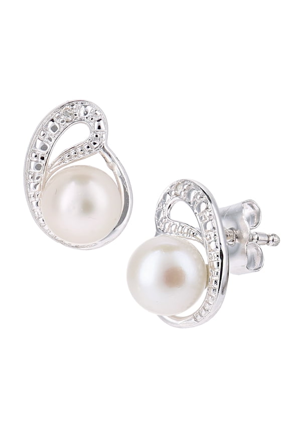 9ct White Gold Jewelco London Diamond Pearl 5mm Ouroboros Moon Stud Earrings