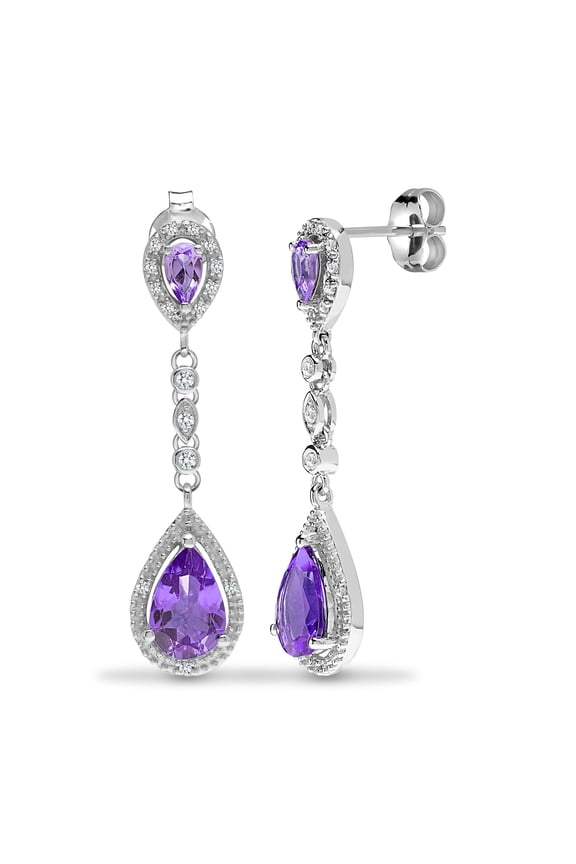 9ct White Gold Jewelco London Diamond Purple Amethyst Happy Tears Drop Earrings
