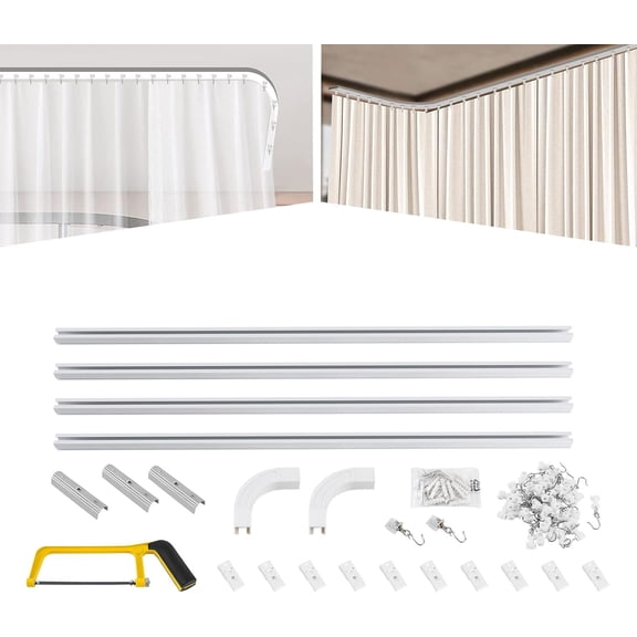 9ft-12ft Room Divider Ceiling Track Set Metal Ceiling Curtain Track Kit with Hooks Corner Connectors with Corner Bends Room Dividers Curtain Rail System, White