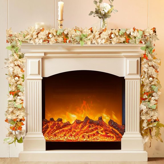 9ft 2Packs Thanksgiving Decorations for Home Thanksgiving Garland with White Pumpkins Maple Leaves Fall Garland for Outdoor Indoor Harvest Mantle Fireplace Table Centerpiece Fall Decor(18feet Total)