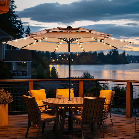 9ft 3-Tier Solar LED Patio Umbrella, Sturdy Outdoor Market Table Umbrella, Vented Sun Shade Umbrella, with Push Button Tilt,32 LED Lights, UV Protection, for Garden,Pool,Deck,Yard.(Not Include Base)