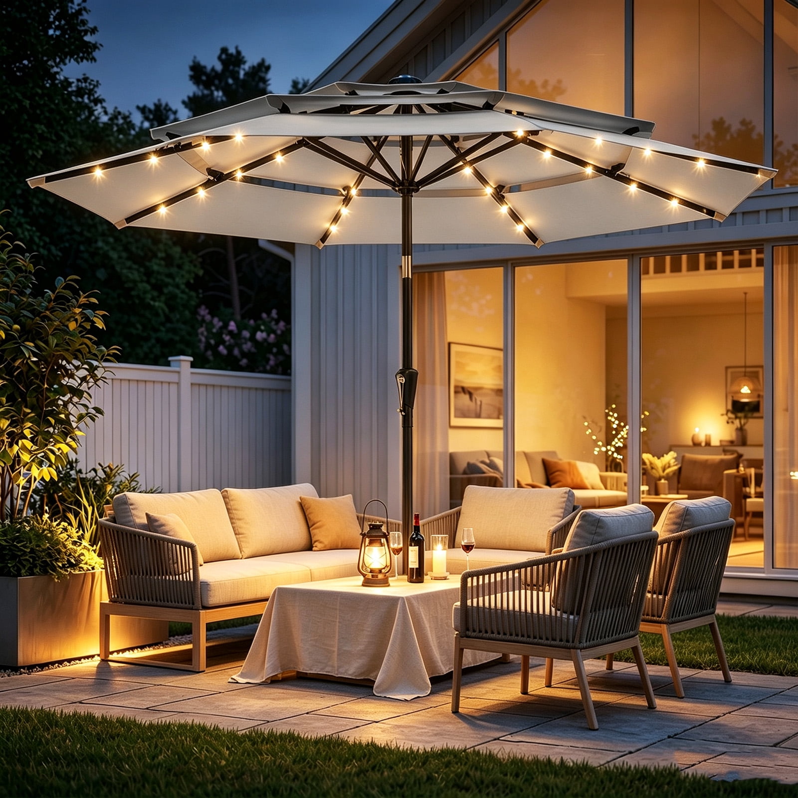 led lights umbrella patio Double-Sided with 2 inch bulb spacing on clear wire Evening Party Umbrellas - LED
