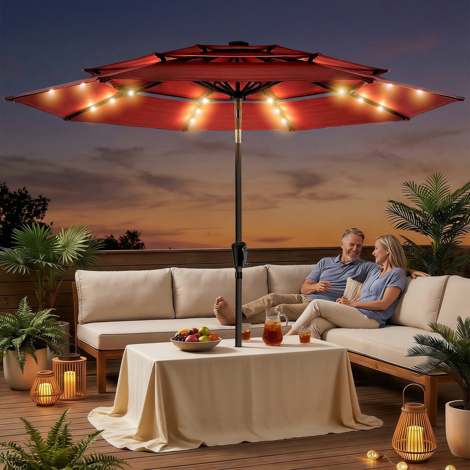 Patbrela 9ft 3-Tier Solar Patio Umbrella with LED Lights, Tilt Adjustment Outdoor Umbrella, Market Sun Shade for Beach, Backyard, Deck, Poolside, Red Patbrela 9ft 3-Tier Solar Patio Umbrella with LED Lights, Tilt Adjustment Outdoor Umbrella, Market Sun Shade for Beach, Backyard, Deck, Poolside, Red