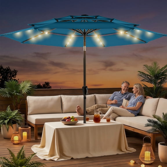 Patbrela 9ft 3-Tier Solar Patio Umbrella with LED Lights, Tilt Adjustment Outdoor Umbrella, Market Sun Shade for Beach, Backyard, Deck, Poolside, Dark Gray