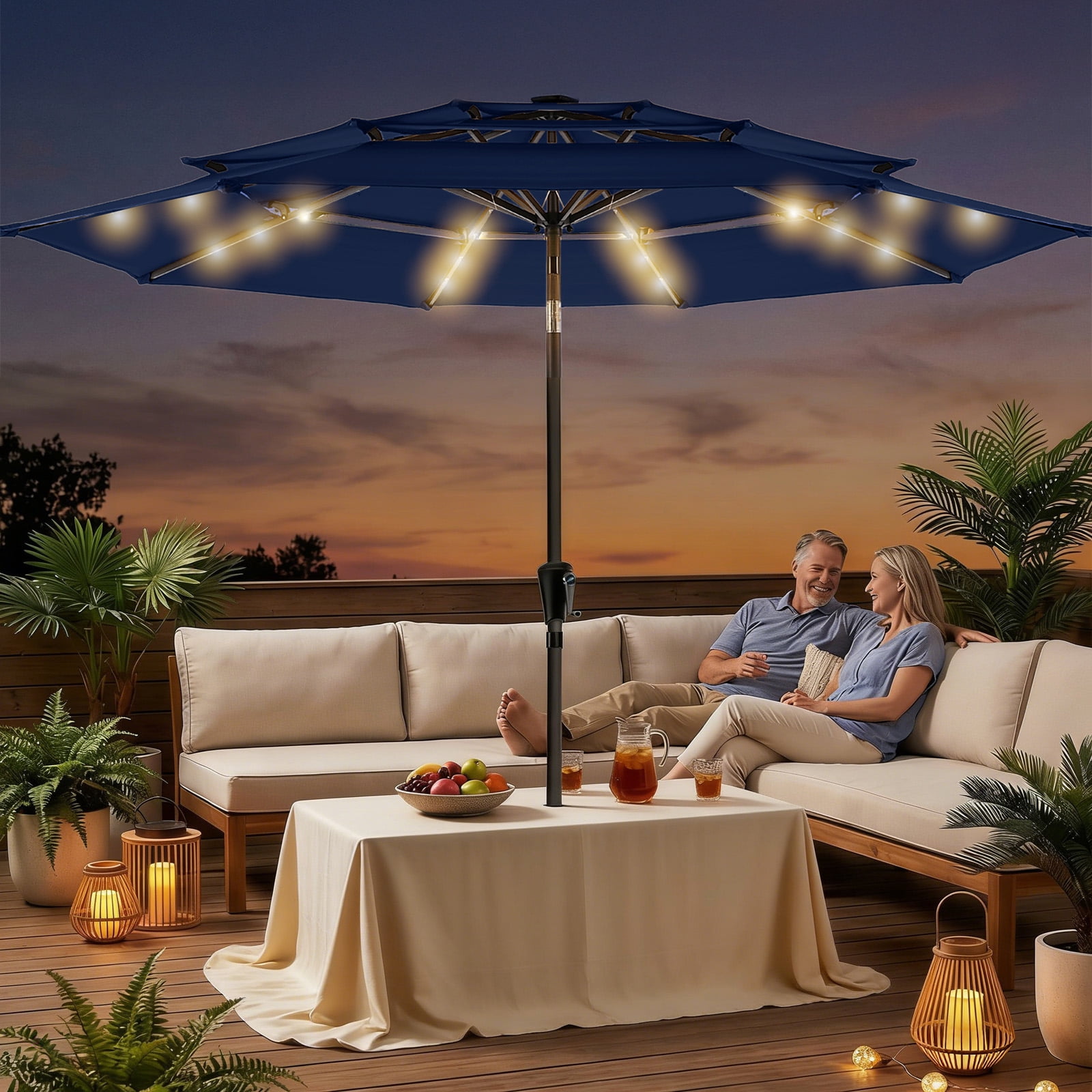 Patbrela 9ft 3-Tier Solar Patio Umbrella with LED Lights, Tilt Adjustment Outdoor Umbrella, Market Sun Shade for Beach, Backyard, Deck, Poolside, Navy