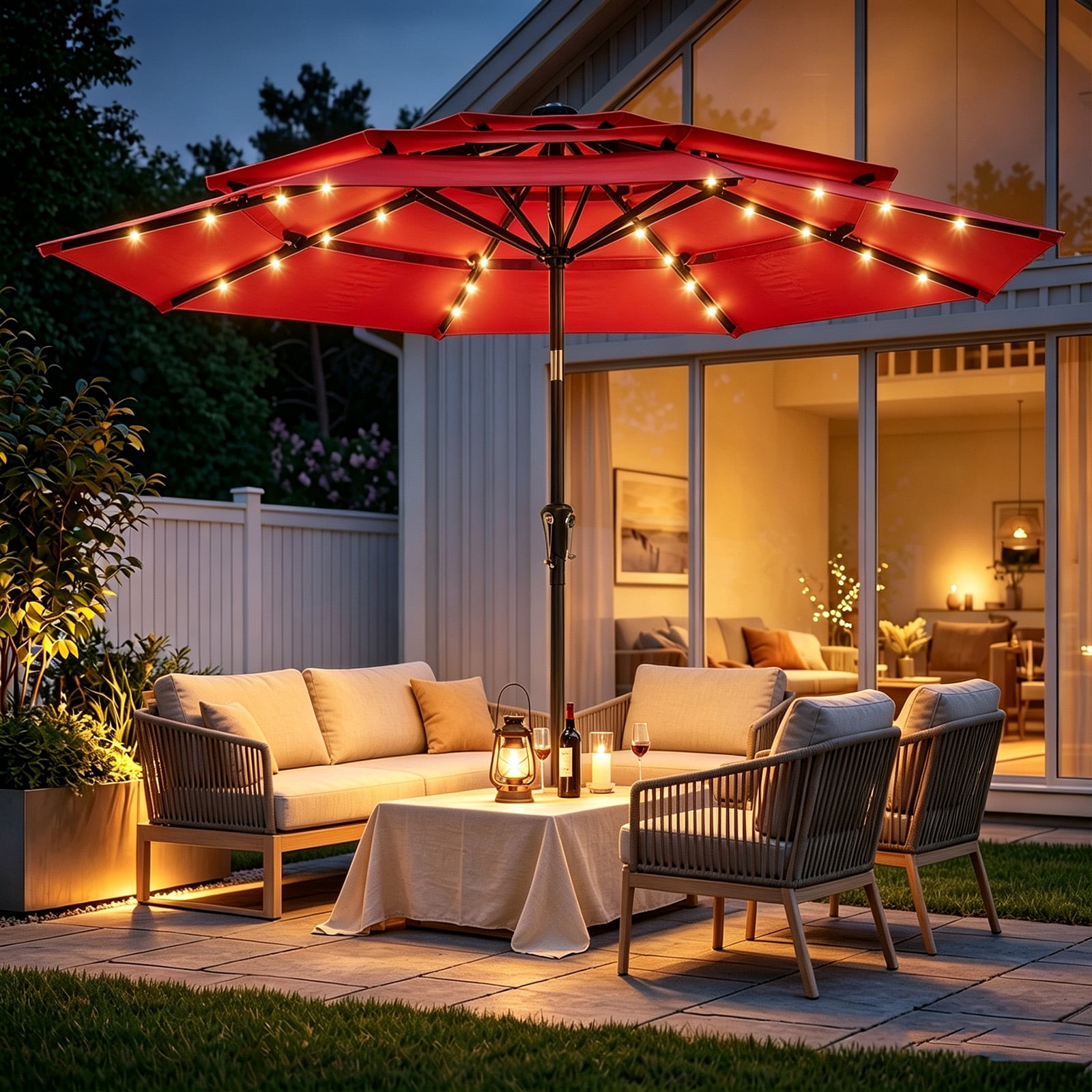 astonica 9 ft rectangular solar powered patio umbrella in scarlet AreShark 9FT with Lights, 32 Lighted Pool Umbrella w/Tilt and Crank, Outdoor Market Solar Umbrellas for Garden, Deck, Backyard, Pool and Beach, Dark Red : Patio, Lawn The 180g solution dyed polyester canopy offers upgraded colorfastness and water resistance Square Solar Patio Umbrella w/